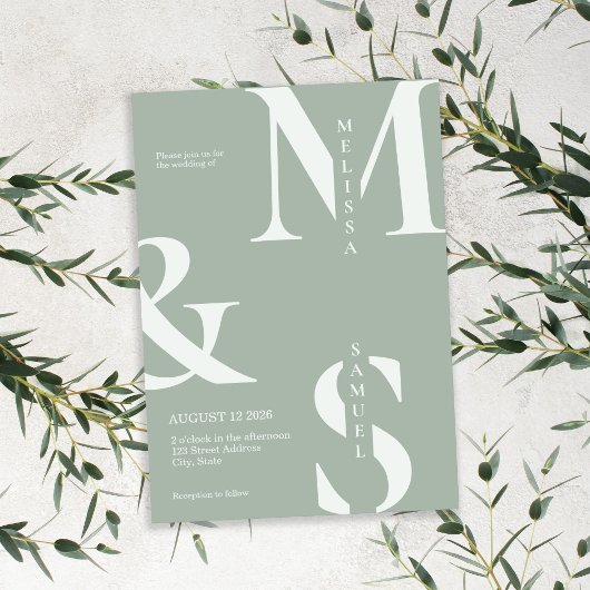 Moderne elegante Monogram Sage Green Wedding Einladung