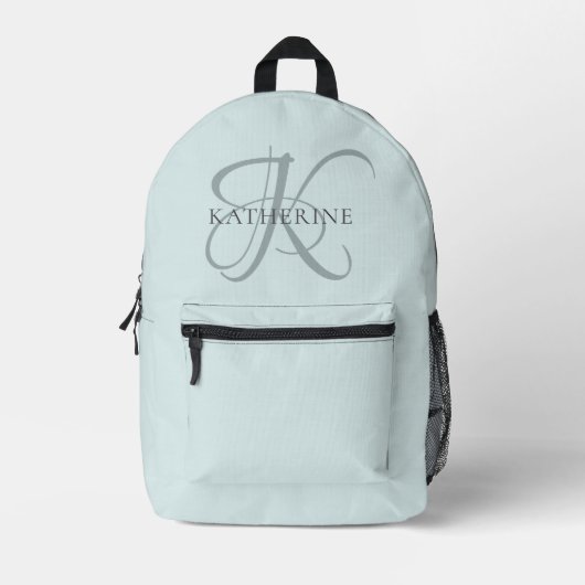 Moderne elegante Monogram Script Aqua Blue Bedruckter Rucksack (Vorderseite)