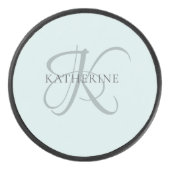 Moderne elegante Monogram Script Aqua Blue Eishockey Puck (Vorderseite)