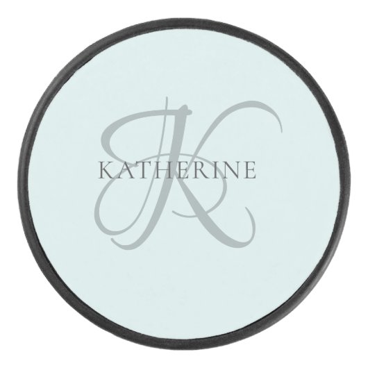 Moderne elegante Monogram Script Aqua Blue Eishockey Puck (Vorderseite)