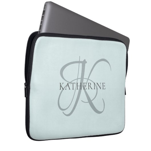 Moderne elegante Monogram Script Aqua Blue Laptopschutzhülle (Vorne Rechts)