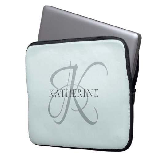 Moderne elegante Monogram Script Aqua Blue Laptopschutzhülle (Vorderseite Links)