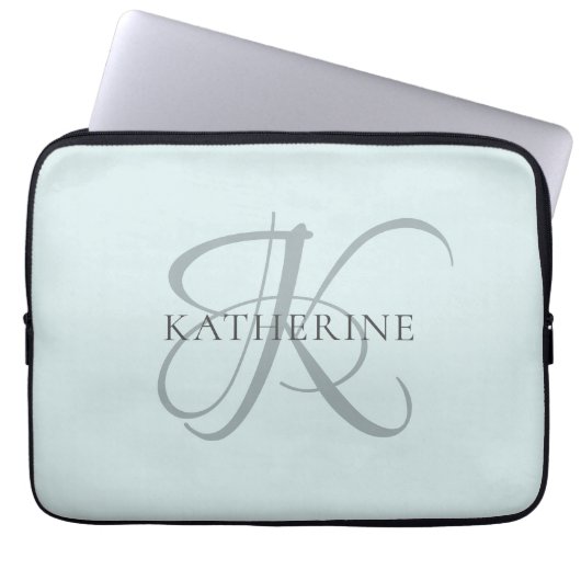 Moderne elegante Monogram Script Aqua Blue Laptopschutzhülle (Vorderseite)