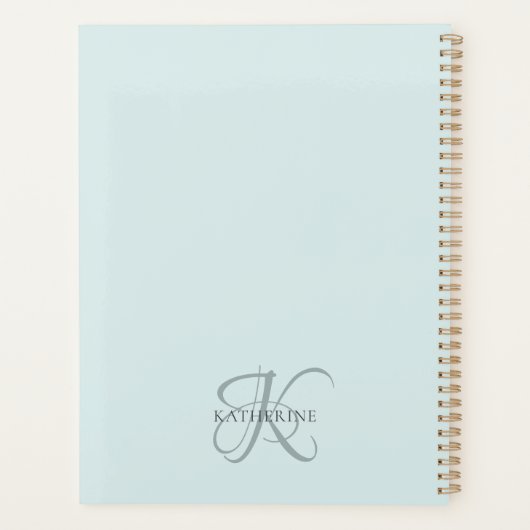 Moderne elegante Monogram Script Aqua Blue Planer (Rückseite)