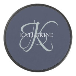Moderne elegante Monogram Script Navy Blue Eishockey Puck