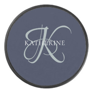 Moderne elegante Monogram Script Navy Blue Eishockey Puck
