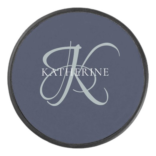 Moderne elegante Monogram Script Navy Blue Eishockey Puck (Vorderseite)