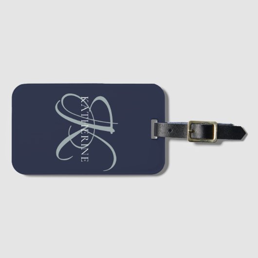 Moderne elegante Monogram Script Navy Blue Gepäckanhänger (Vorderseite (Horizontal))