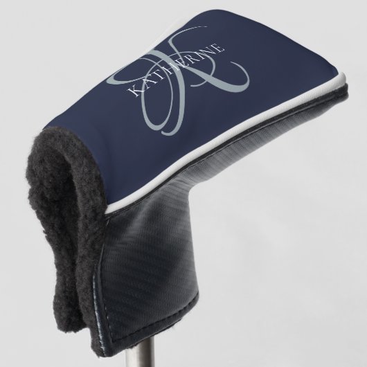 Moderne elegante Monogram Script Navy Blue Golf Headcover (3/4 Vorderseite)