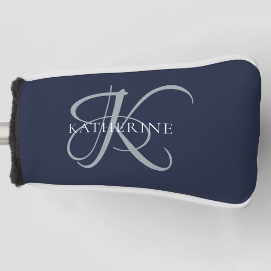 Moderne elegante Monogram Script Navy Blue Golf Headcover (Vorderseite)