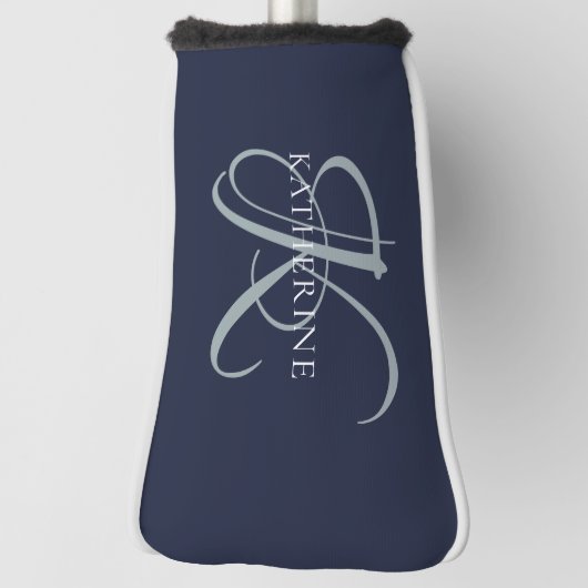 Moderne elegante Monogram Script Navy Blue Golf Headcover (Rotieren 90)