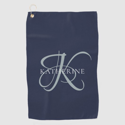 Moderne elegante Monogram Script Navy Blue Golfhandtuch (Vorderseite)