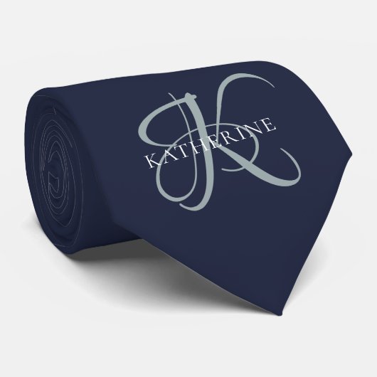 Moderne elegante Monogram Script Navy Blue Krawatte (Gerollt)
