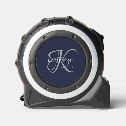 Moderne elegante Monogram Script Navy Blue Maßband (Vorderseite)