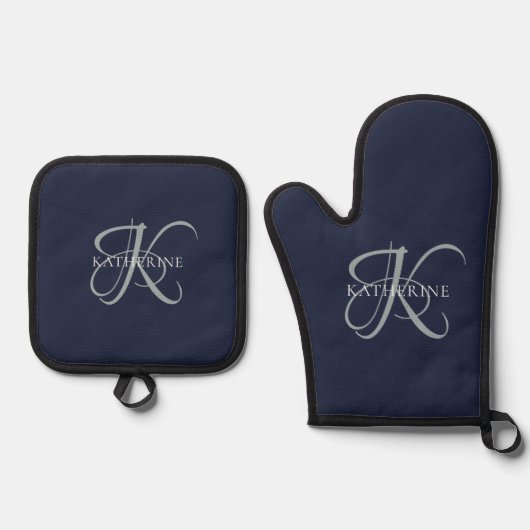 Moderne elegante Monogram Script Navy Blue Ofenhandschuh & Topflappen-Set (Vorderseite)