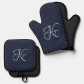 Moderne elegante Monogram Script Navy Blue Ofenhandschuh & Topflappen-Set (Vorderseite/Rückseite)