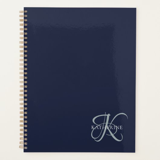 Moderne elegante Monogram Script Navy Blue Planer (Vorderseite)