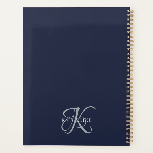 Moderne elegante Monogram Script Navy Blue Planer (Rückseite)