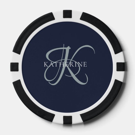 Moderne elegante Monogram Script Navy Blue Pokerchips (Vorderseite)
