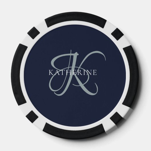 Moderne elegante Monogram Script Navy Blue Pokerchips (Rückseite)