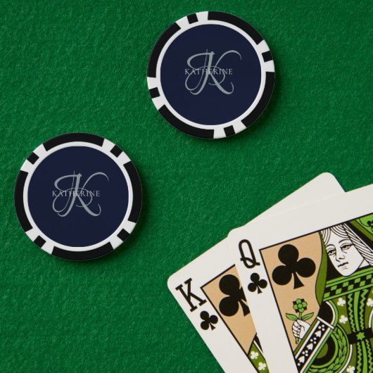 Moderne elegante Monogram Script Navy Blue Pokerchips (Pokertisch (doppelt))