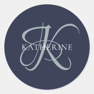Moderne elegante Monogram Script Navy Blue Runder Aufkleber