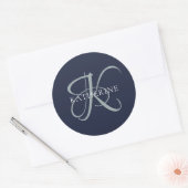 Moderne elegante Monogram Script Navy Blue Runder Aufkleber (Umschlag)