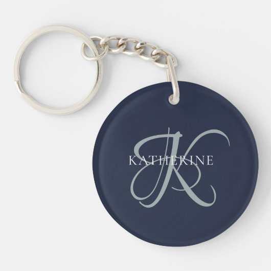 Moderne elegante Monogram Script Navy Blue Schlüsselanhänger (Vorderseite)