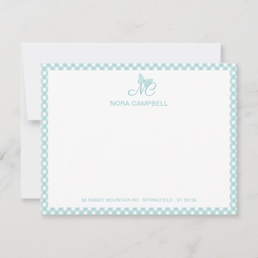 Moderne elegante Monogram Turquoise Gingham Karo Mitteilungskarte (Vorderseite)