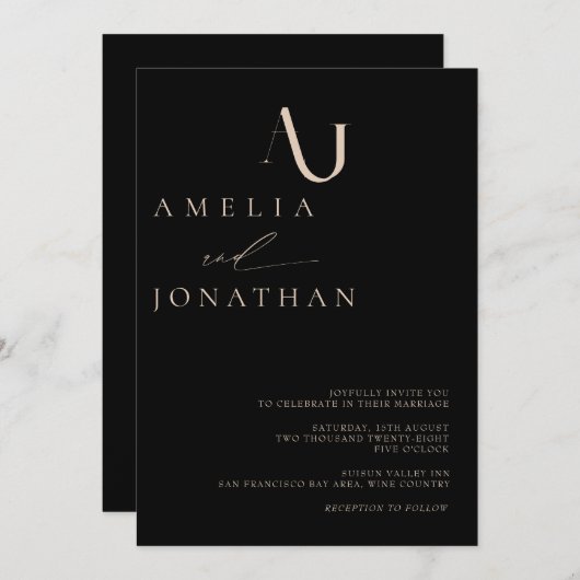 Moderne, elegante Monogramm-Hochzeit Einladung (Vorne/Hinten)
