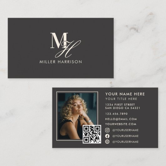 Moderne elegante Monogramm-Luxus-Foto-QR-Code Visitenkarte (Vorne/Hinten)