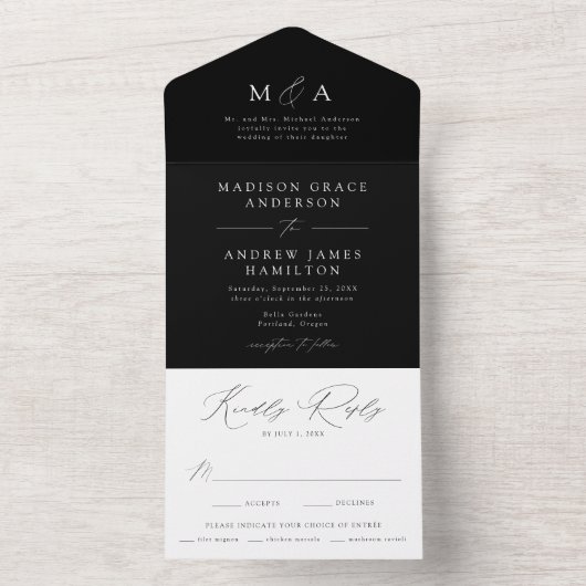 Moderne, elegante Monogramm Schwarz-Weiß-Hochzeit All In One Einladung (Innen Boden)