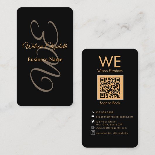 Moderne elegante monogrammierte schwarze  QR-Code Visitenkarte (Vorne/Hinten)