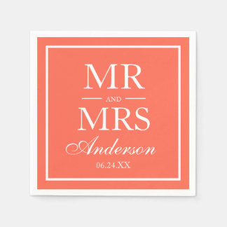 Moderne elegante Mr. and Mrs Coral Wedding Serviette