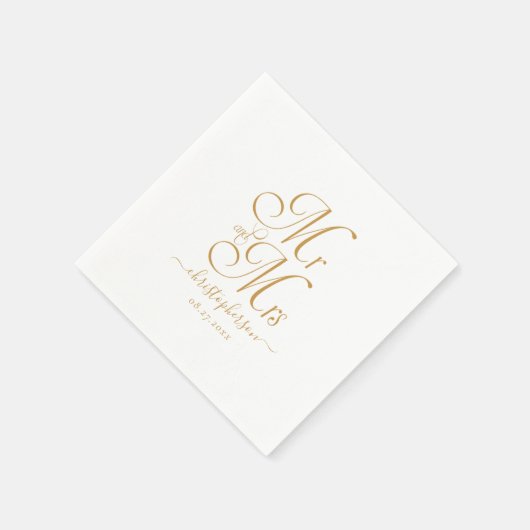 Moderne elegante Mr. and Mrs. Gold Script Wedding Serviette (Ecke)