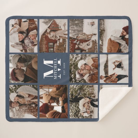 Moderne Elegante Multi Foto Collage Navy Blue Sherpadecke (Vorderseite (Horizontal))