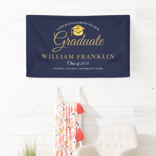 Moderne Elegante Navy Blue and Gold Abschluss Bann Banner (Insitu)