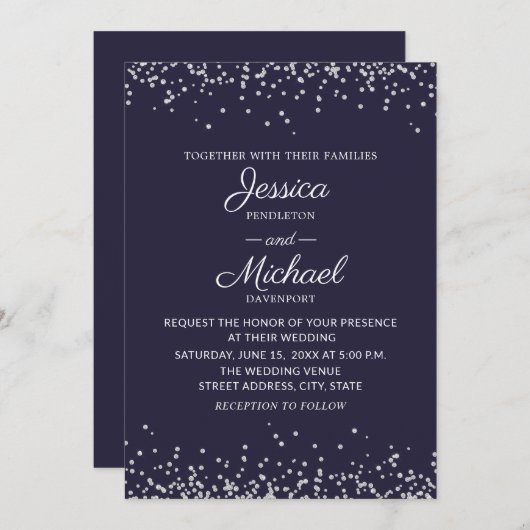 Moderne Elegante Navy Blue Silver Glitzer Hochzeit Einladung (Vorne/Hinten)