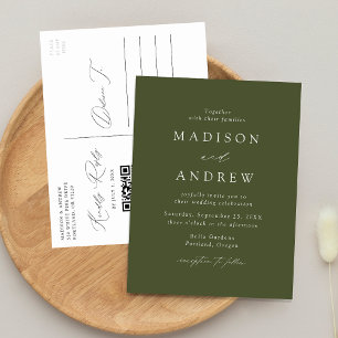 Moderne elegante Olive Green QR Hochzeit Einladungspostkarte