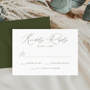 Moderne elegante Olive Green Script Wedding RSVP Karte