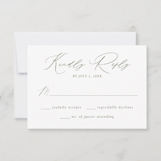 Moderne elegante Olive Green Script Wedding RSVP Karte (Vorderseite)