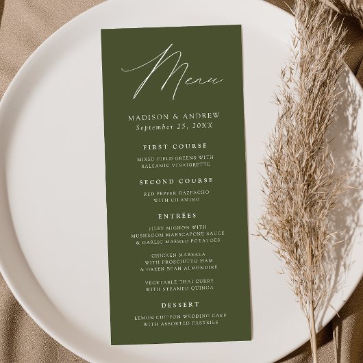 Moderne elegante Olive Green Wedding Menükarte