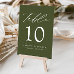 Moderne elegante Olive Green Wedding Tischnummer<br><div class="desc">Trendy, minimalistische Hochzeitskarten mit modernen, weißen Schriftzeichen mit "Table" in einem modernen Kalligrafieschrift. Das Design ist mit einem olivgrünen Hintergrund oder Farbe Ihrer Wahl. Das Design wiederholt sich auf der Rückseite. Um die Tischkarten zu bestellen: Fügen Sie Ihren Namen, Ihr Hochzeitstag und Ihre Tischnummer hinzu. Fügen Sie jede Nummer einzeln...</div>