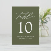 Moderne elegante Olive Green Wedding Tischnummer (Stehend Vorderseite)