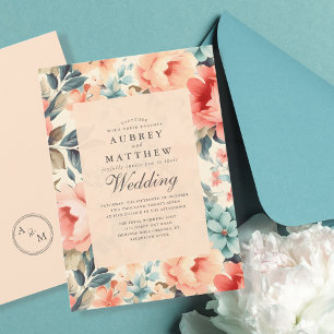 Moderne Elegante Peach & Aquamarine Blumenhochzeit Einladung