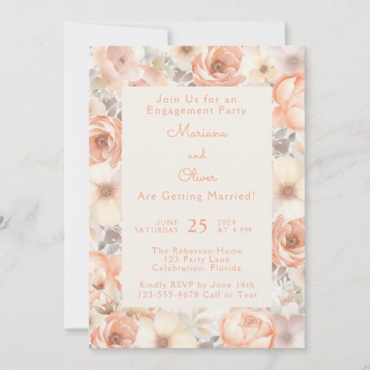 Moderne elegante Peach Beige Floral Engagement Par Einladung (Vorderseite)