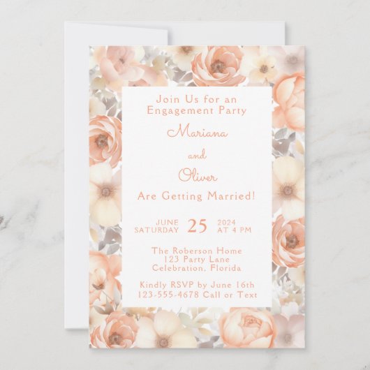 Moderne elegante Peach Floral Engagement Party Einladung (Vorderseite)