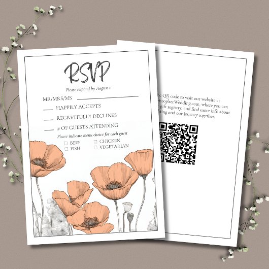 Moderne Elegante Peach Floral Poppies Wedding RSVP Karte