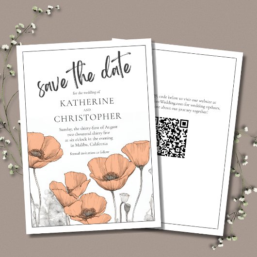 Moderne Elegante Peach Poppies Blumenhochzeit Save The Date