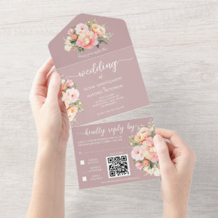 Moderne elegante Pfingstrosen Dusty Rose QR-Code-H All In One Einladung